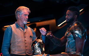 Doctor Fate (Pierce Brosnan, left) and Hawkman (Aldis Hodge) are old Black Adam characters.