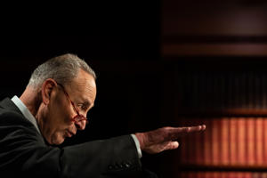 Senate Majority Leader Charles E. Schumer (D-New York) held a press conference on Capitol Hill Thursday after the Senate passed the spending bill.