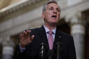 House Speaker Kevin McCarthy (Ар-Калиф.) spoke at a news conference in the Statue Hall of the Capitol on Thursday.