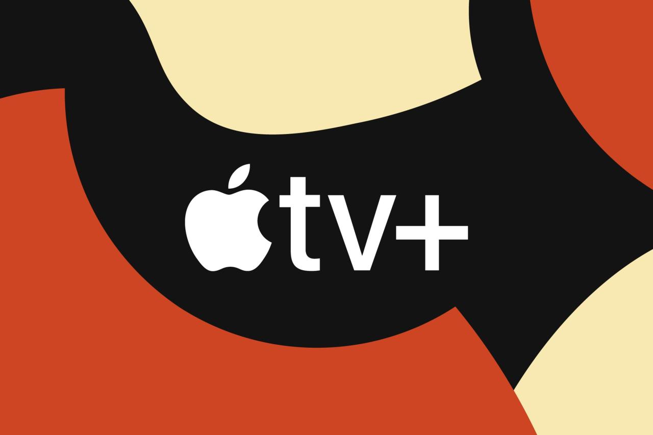 Illustration of the Apple TV Plus logo on a black, orange and brown background.