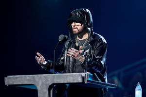2011 Eminem speaks on stage at the 37th Annual Rock and Roll Hall of Fame Induction Ceremony at the Microsoft Theater on November 5, 2022 in Los Angeles, California.