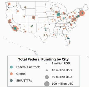 This map tracks the amount and types of federal funding allocated to quantum computing centers across the country. (WTIA/Moonbeam Charts)