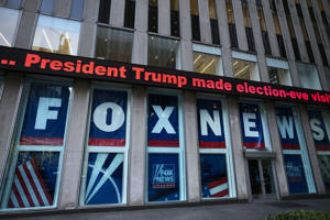 FILE - A speech about President Donald Trump is shown outside the Fox News studios on November 28, 2018 in New York. A New York appeals court on Tuesday, February 14, 2023 accused Fox News Channel's Smartmatic of spreading falsehoods that helped it lose the 2020 US presidential election to "steal" the then-presidential election, accusing the network of billions of dollars in defamation. denied his claim. . Trump. (AP Photo/Mark Lenihan, files)