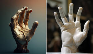 Left: An image from an AI program like Midjourney 4 where the hands look dull or incomplete. The right hand made with Midjourney version 5 is much more realistic.