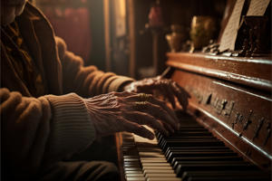 An AI-generated image of an elderly man playing the piano in an old version of Midjourney.