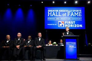 2022 Jimmy Hyams, right, speaks at the Greater Knoxville Sports Hall of Fame induction banquet on Thursday, August 25, 2022 at the Knoxville Convention Center.