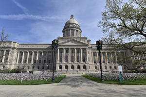FILE - The exterior of the Kentucky State Capitol is seen on April 7, 2021 in Frankfort, Kentucky. Legislation to legalize sports betting in Kentucky passed the House of Representatives on Monday, March 13, 2023 and could be seen in a controversial Senate case. The proposal under the Republican super-majority. (AP Photo/Timothy D. Esley, Files)