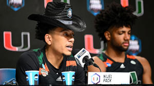 Nigel Pack of the Miami Hurricanes speaks during media access to the Final Four of the NCAA Tournament at NRG Stadium on March 30, 2023 in Houston. Photo by Brett Wilhelm/NCAA via Getty Images