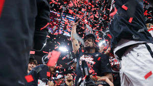 The San Diego State Aztecs celebrate their victory over the Creighton Bluejays in the 2023 NCAA Elite Eight Tournament at KFC YUM. Center, March 26, 2023, Louisville, KY. Photo by Grace Bradley/NCAA via Getty Images