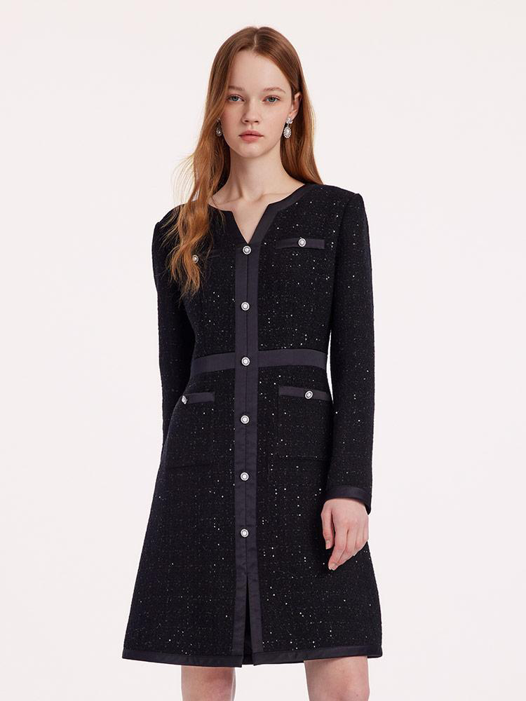 Black Sequins Notched Round Collar Wool Tweed Dress GOELIA