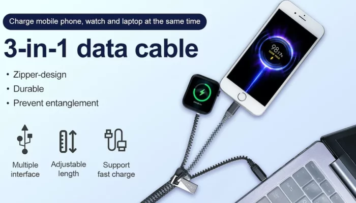 Zipper 3-in-1 zipping cable charges your phone, watch and laptop